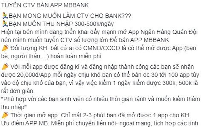 Bán ứng dụng MB được ‘chào’ thu nhập 1 triệu đồng/ngày